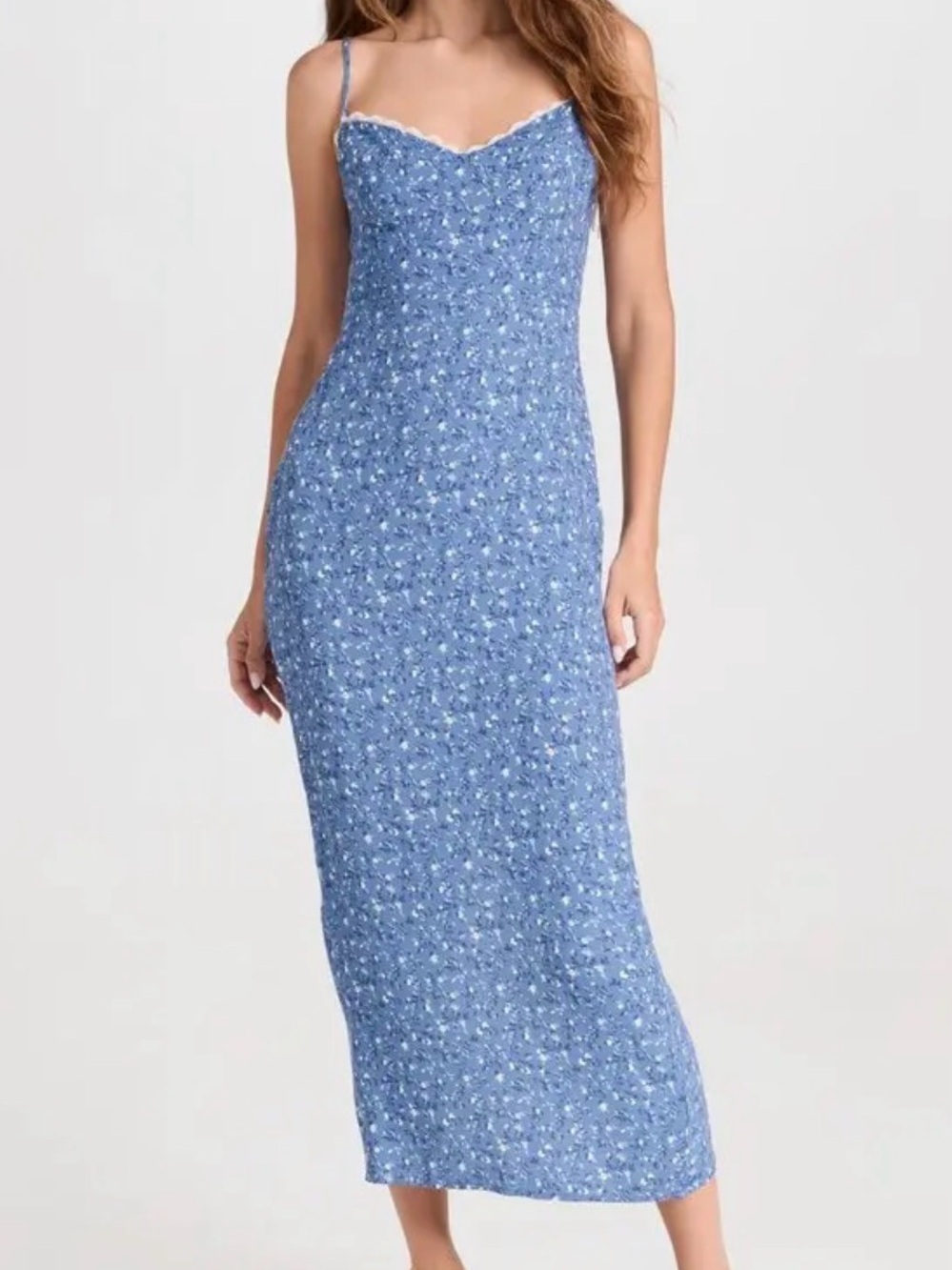 Reformation Pennington Blue Floral Slip Midi Dress Back Slit Spagetti Straps 6